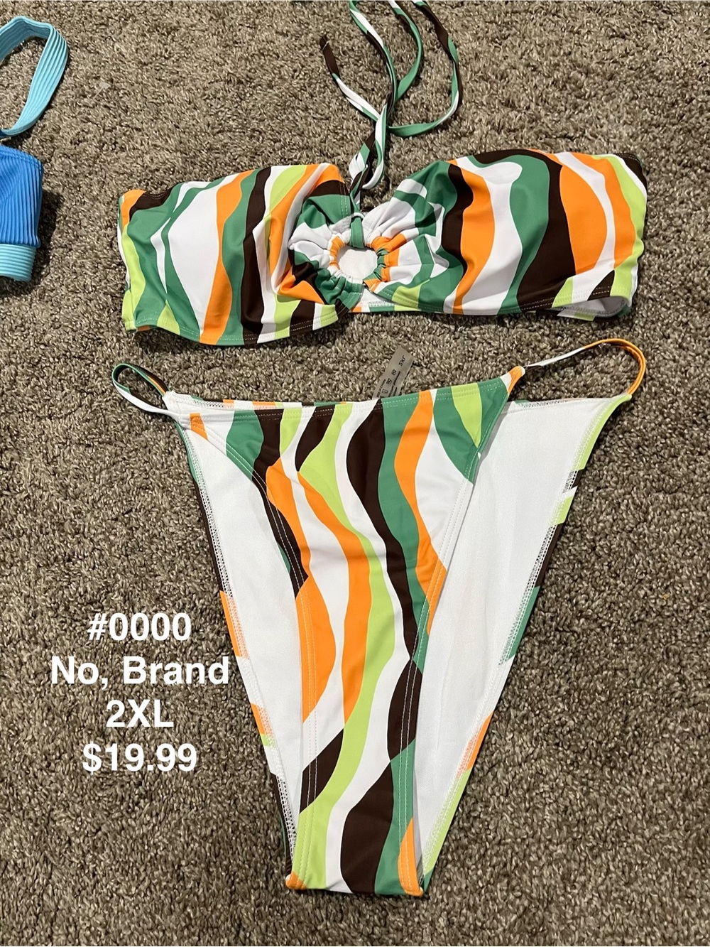 No Brand Green & Orange Wave Print Bandeau Bikini Set